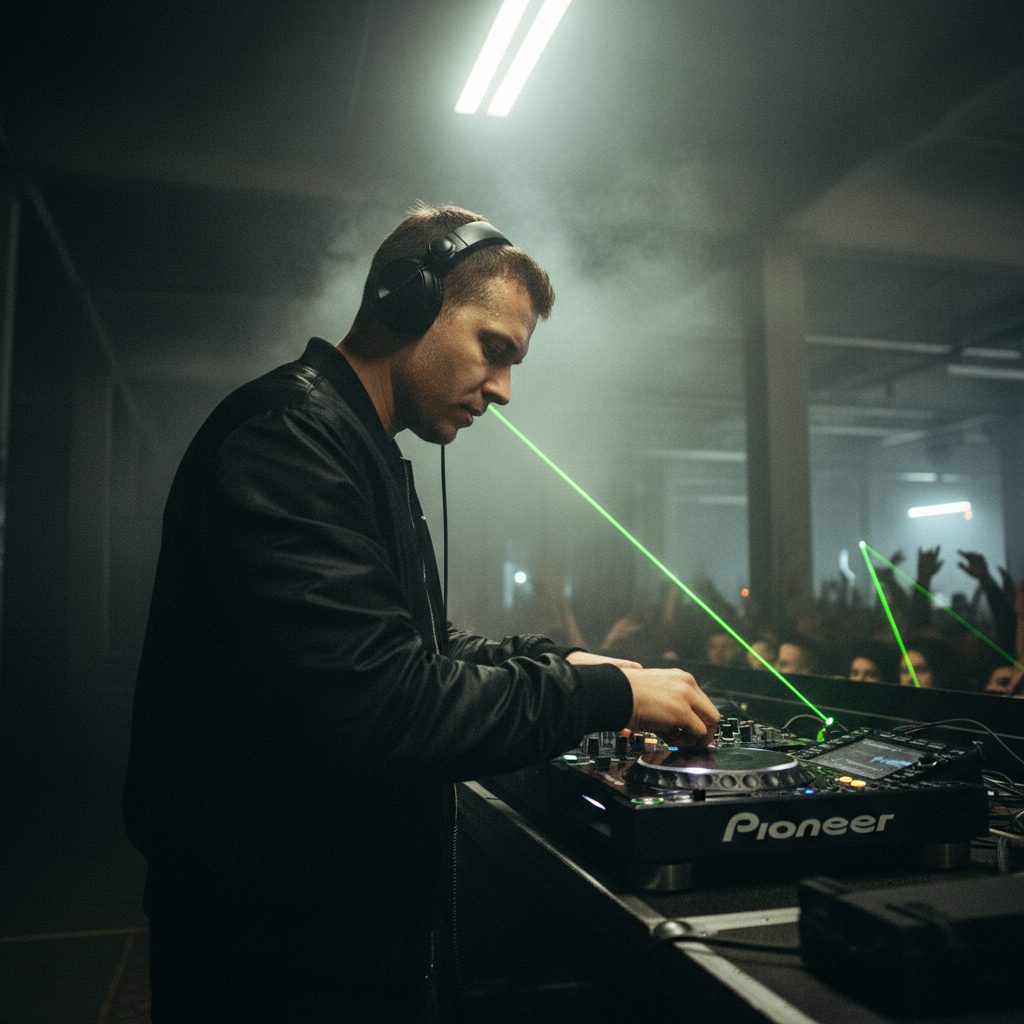 DJ Danny performing behind Pioneer CDJs in a fog-filled warehouse, cut by a lime green laser beam
